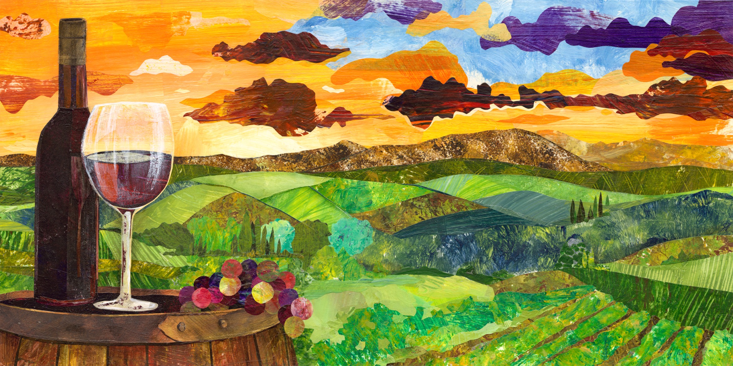A painting of a landscape with rolling green hills and a colorful sky, featuring a wine glass, a bottle, and grapes in the foreground.