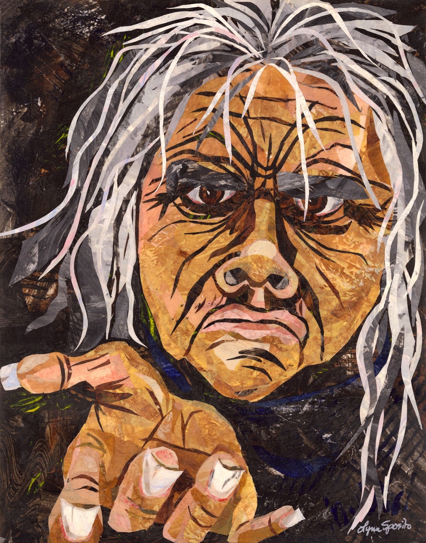 Portrait of an elderly person with long white hair, intense expression, and reaching hand, painted in a bold style.