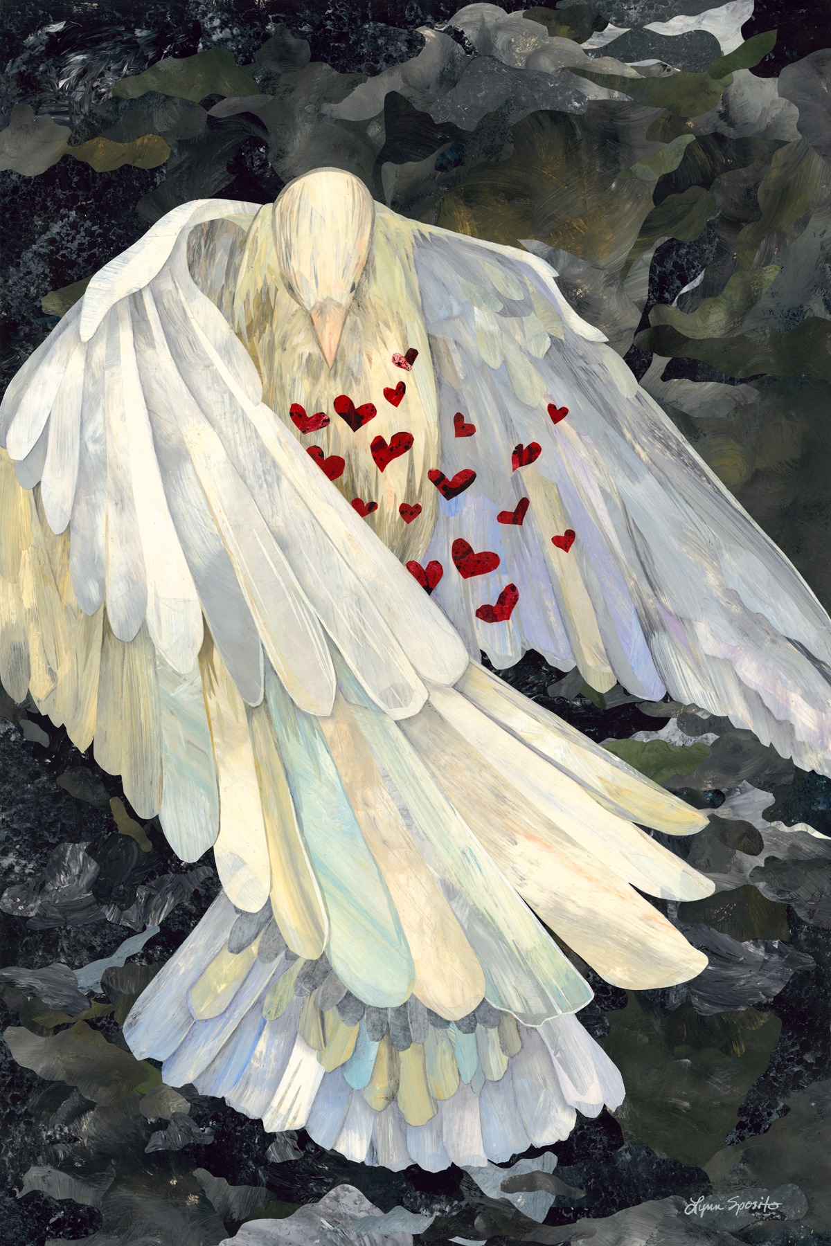 A white angel with large wings and long hair, surrounded by red hearts, in a natural setting.