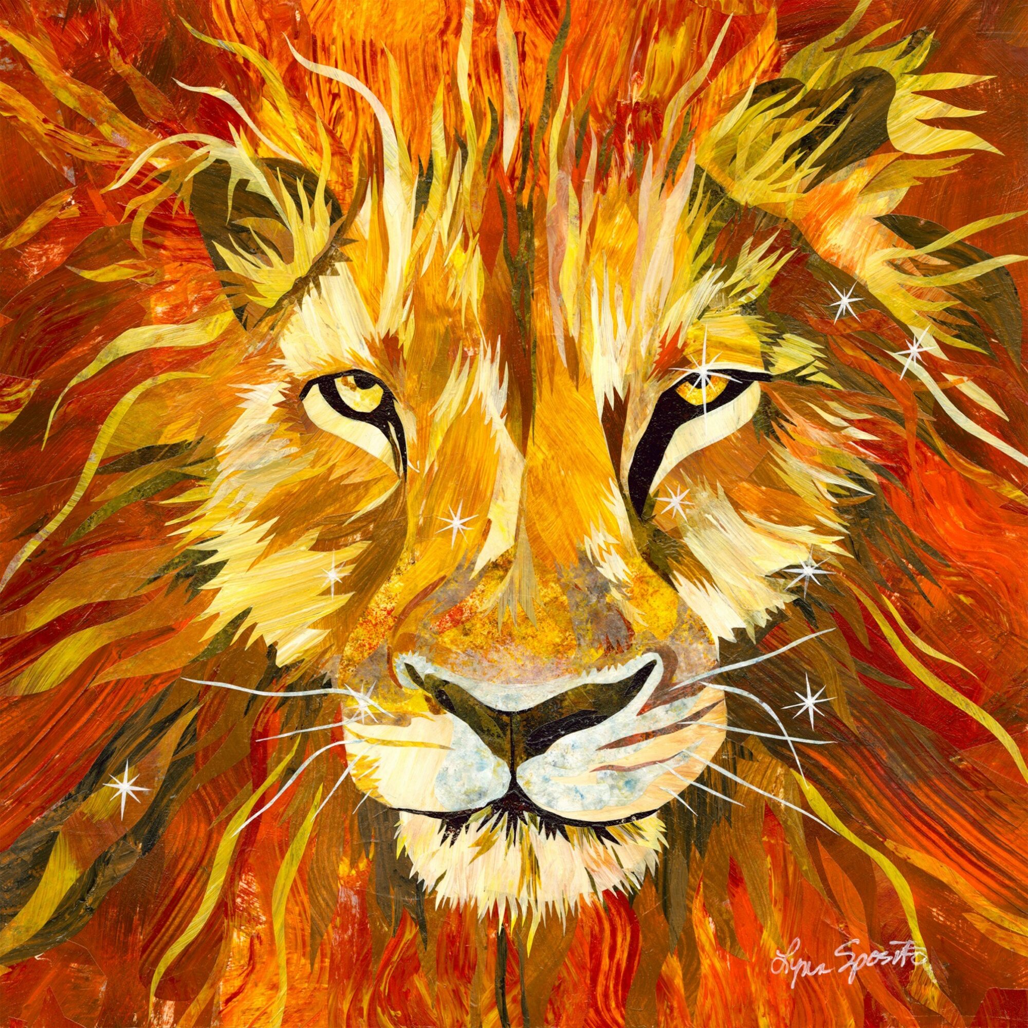 Vivid painting of a lion's face with fiery orange, yellow, and red colors, detailed eyes, nose, and mane.