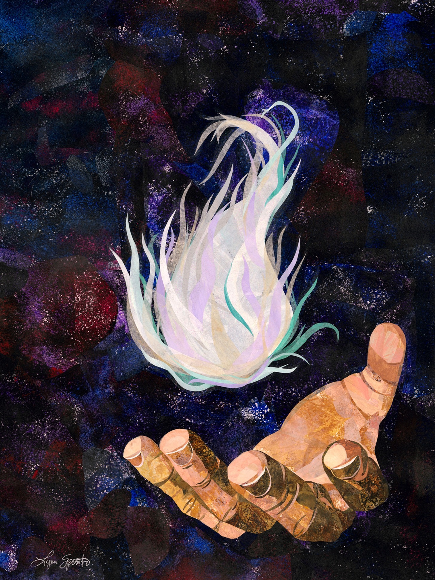A hand with detailed fingers reaches toward a glowing, ethereal flame against a dark, starry background.