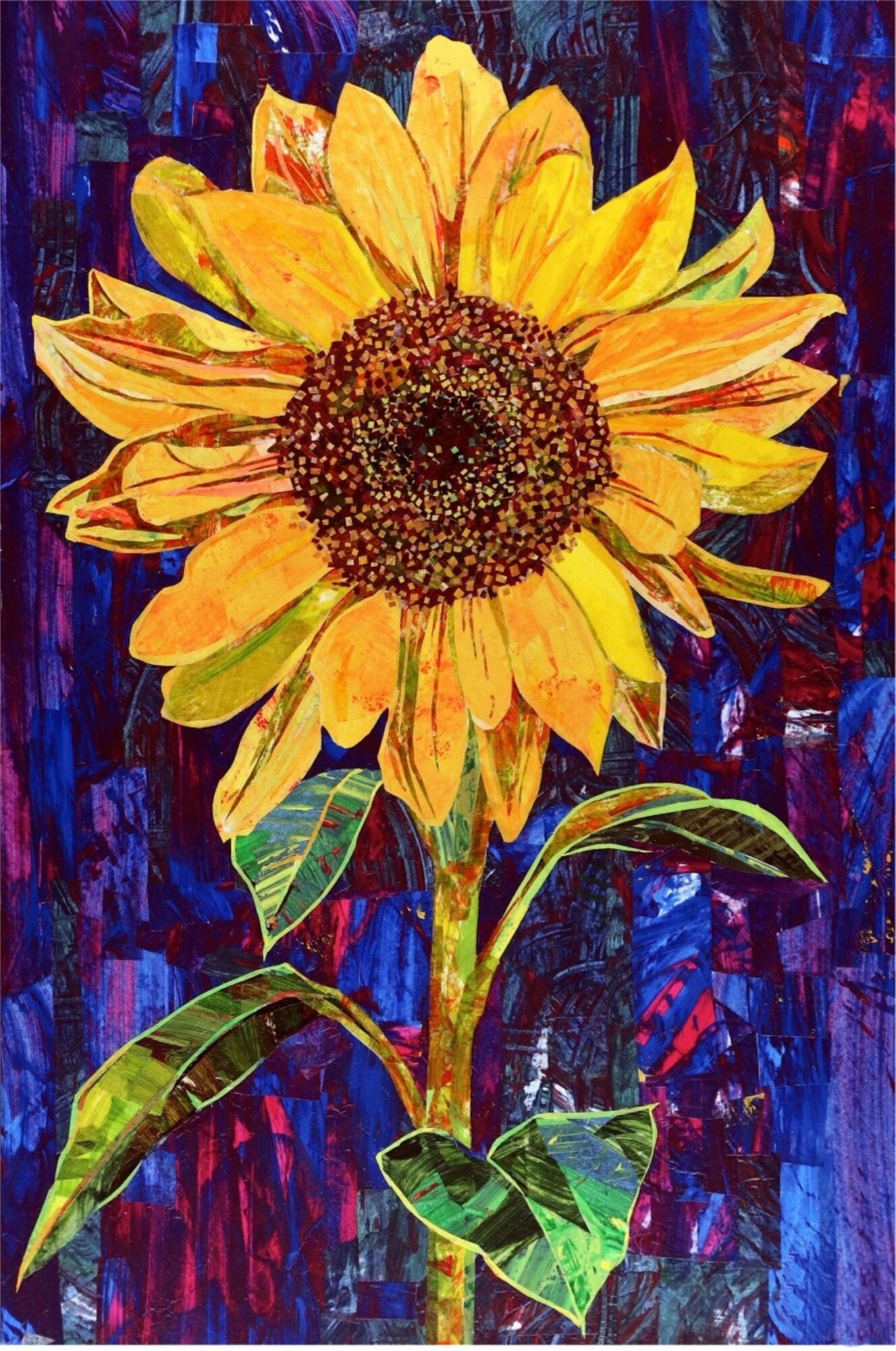 Bright sunflower with yellow petals and dark center against a blue and red textured background.