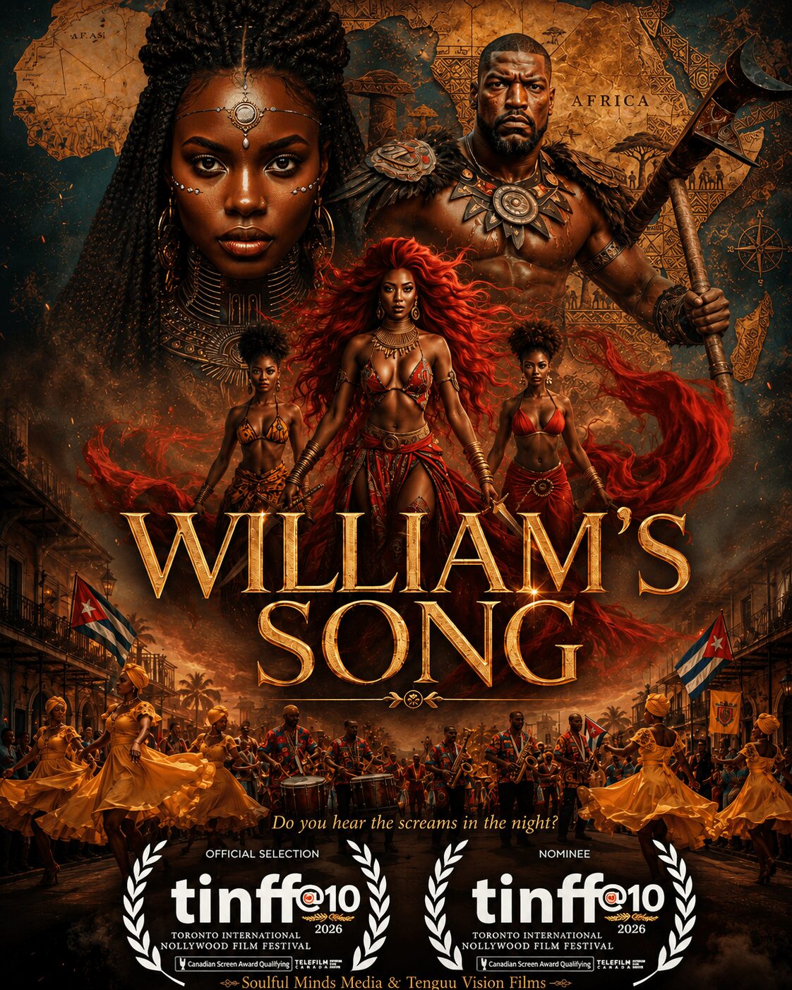 Group of characters in historical African attire with a city scene and crowd in the background, promoting William's Song film.