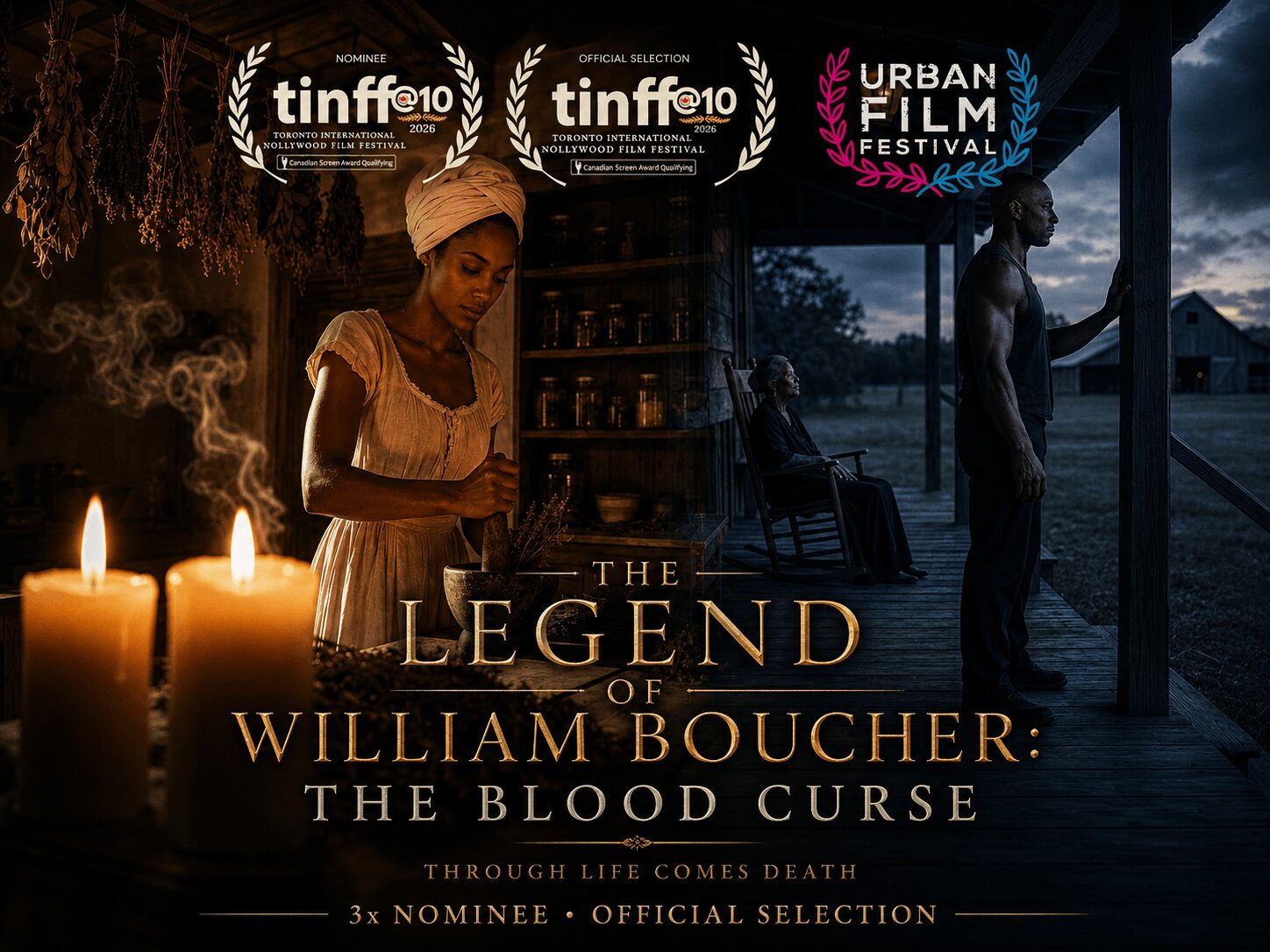 Young girl in a dress stands near candles, with a man outside a house at night, film festival logos above.
