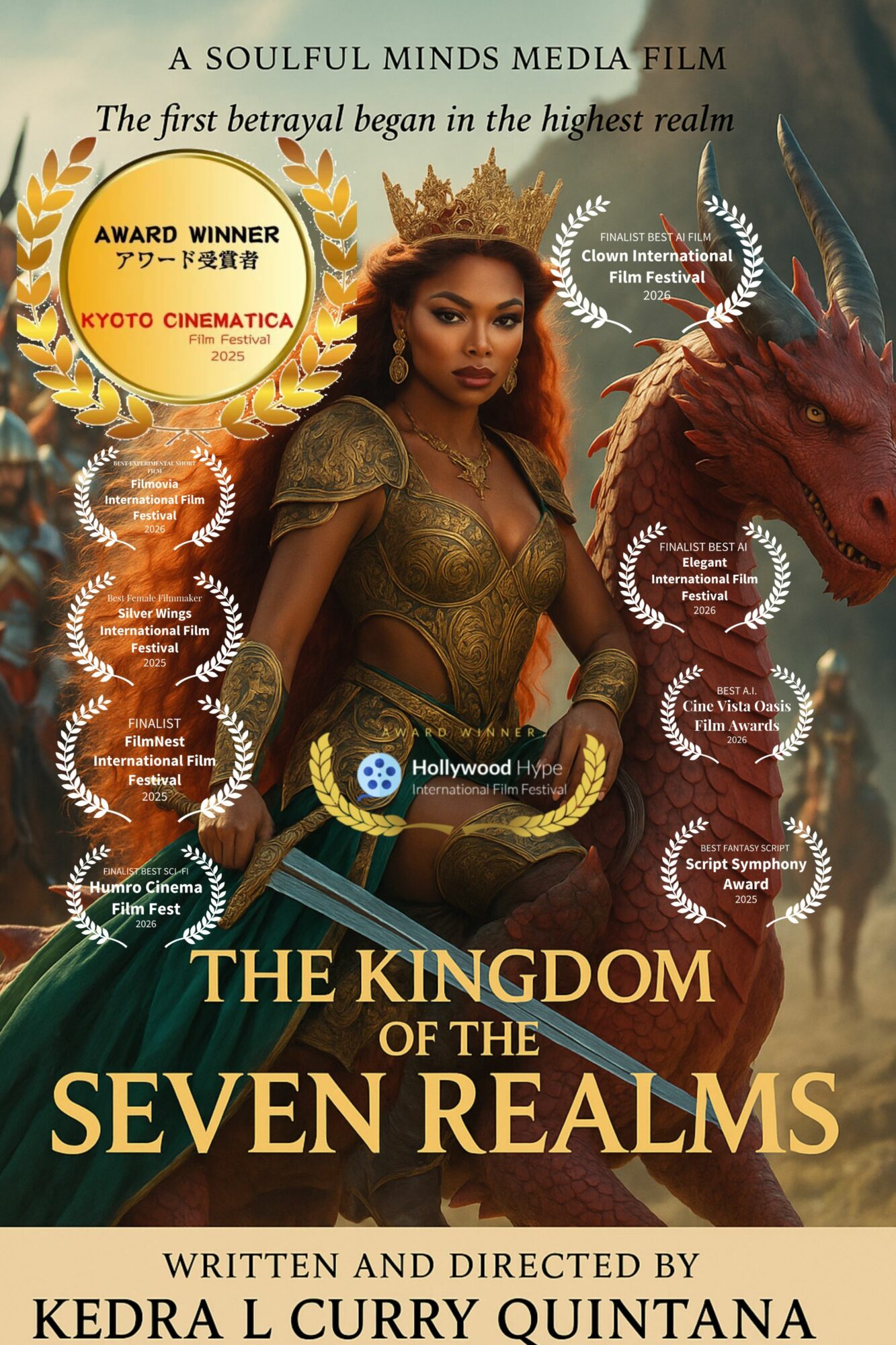 Woman in green costume with a dragon behind her, awards and film info above, title at bottom, fantasy theme.