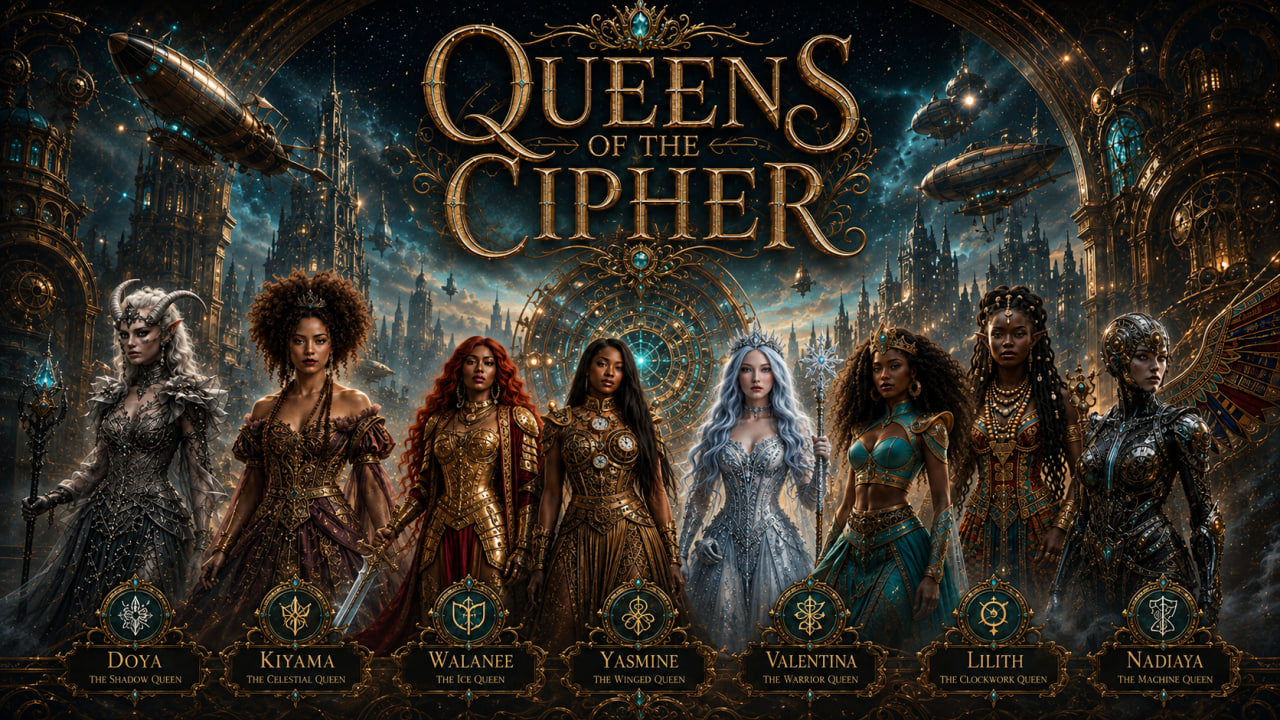 Seven women in elaborate costumes stand in a grand, ornate setting with glowing blue and gold accents.