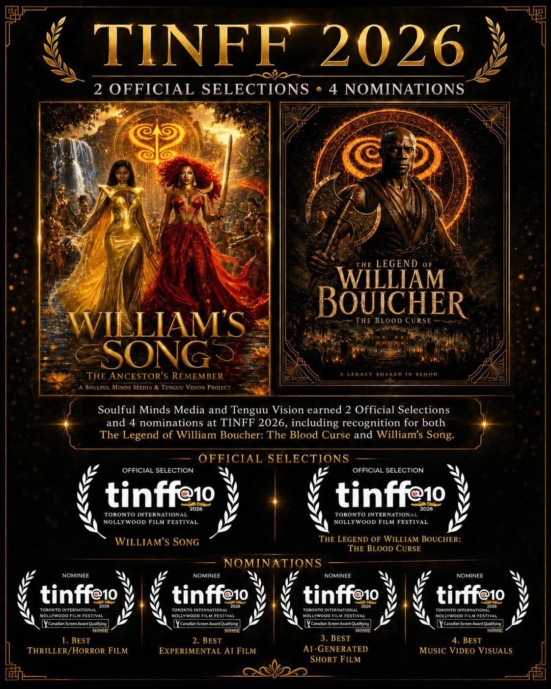Poster for William's Song and William Boucher films, featuring characters in elaborate costumes, glowing symbols, and awards logos.