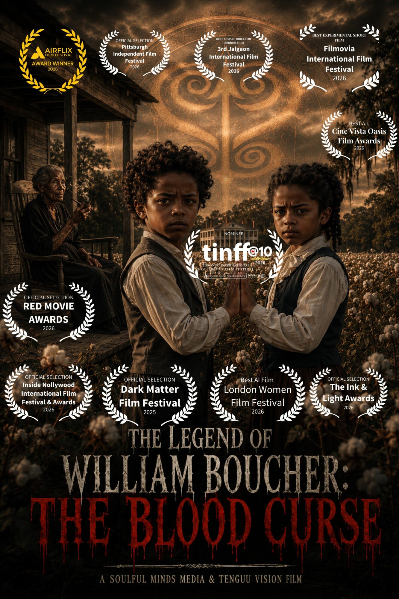 Two children in period clothing stand outdoors with a man in the background, dark sky, and film festival laurels above.