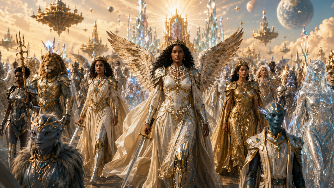 Group of people dressed as angels and mythical beings in a fantasy scene with floating islands and a glowing sky.
