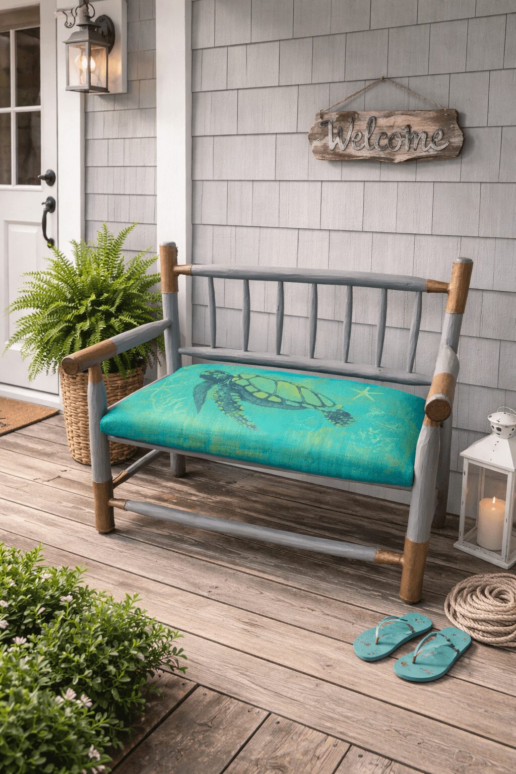 Gray wooden bench with a turquoise cushion, a potted plant, a lantern, and slippers on a porch with gray siding.