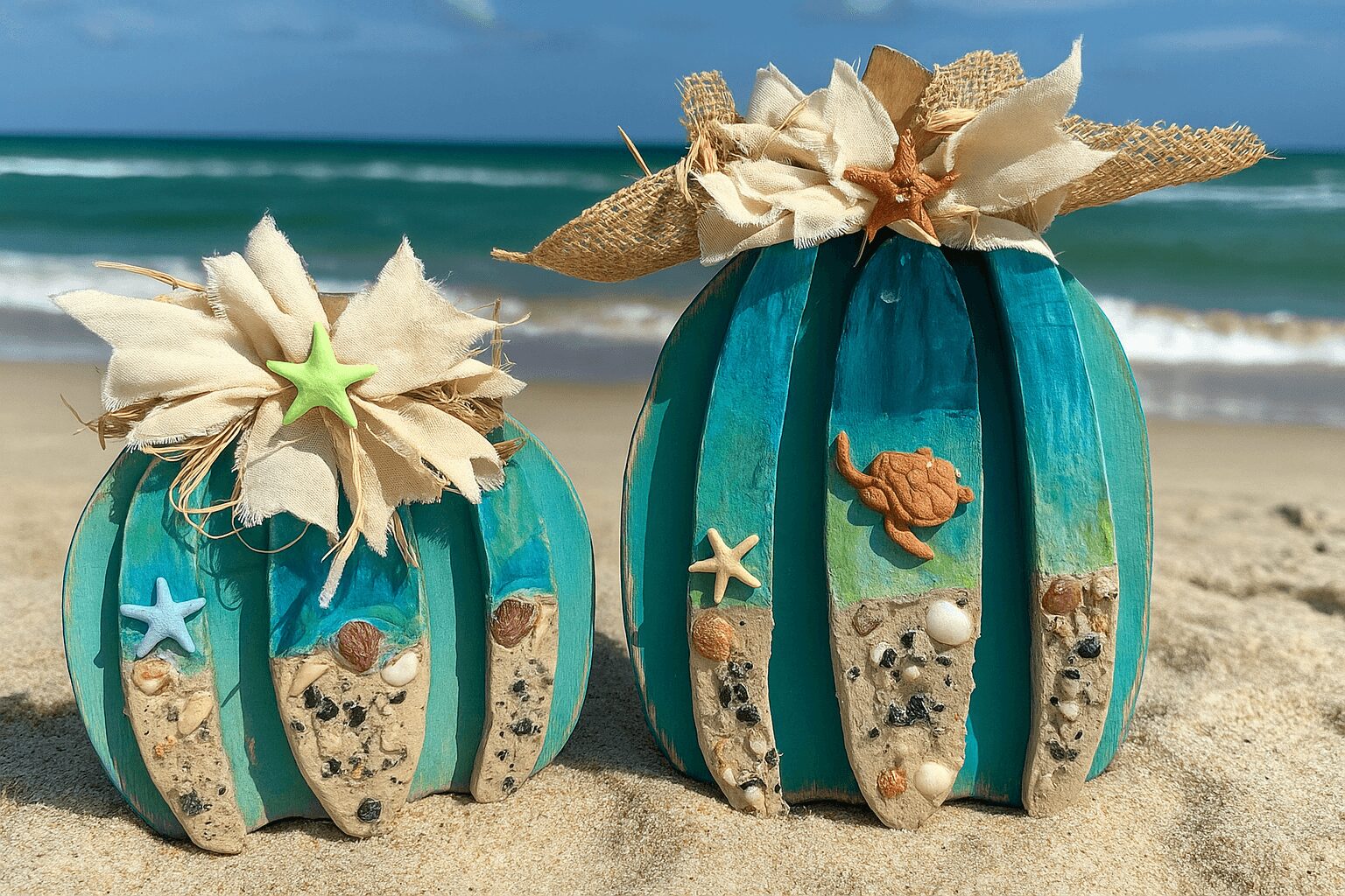 Two decorated pumpkins on a beach with sand, ocean, and sky in the background, adorned with shells, starfish, and fabric flowers.