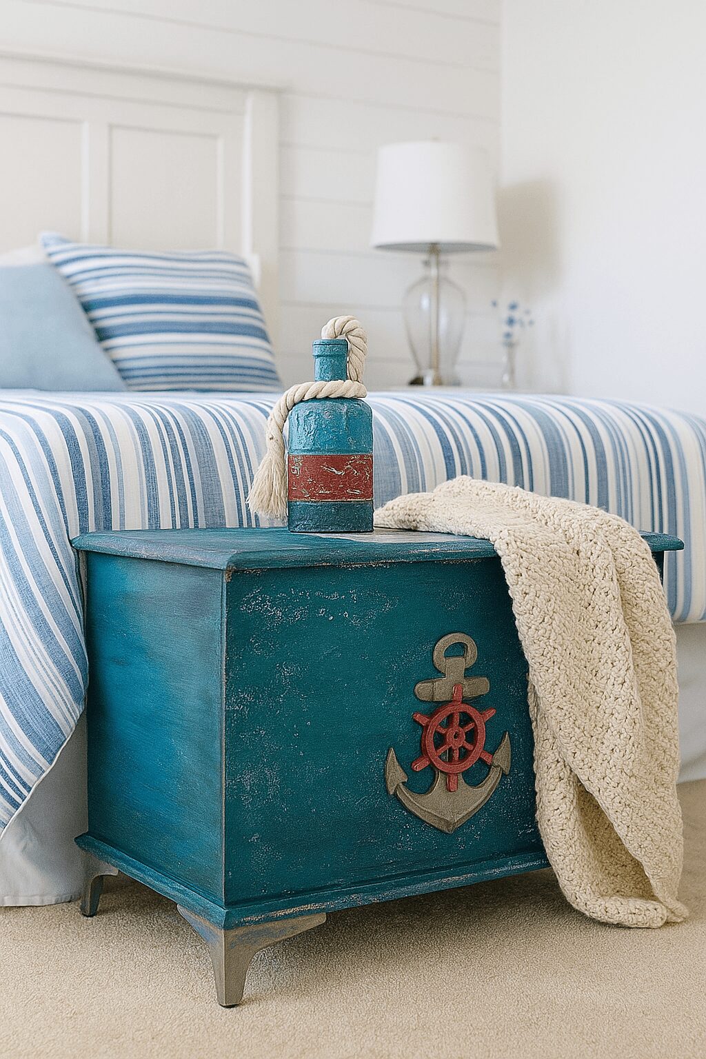 Blue storage chest with an anchor and ship wheel decoration, beige blanket draped over it, in a bedroom with striped bedding and a lamp