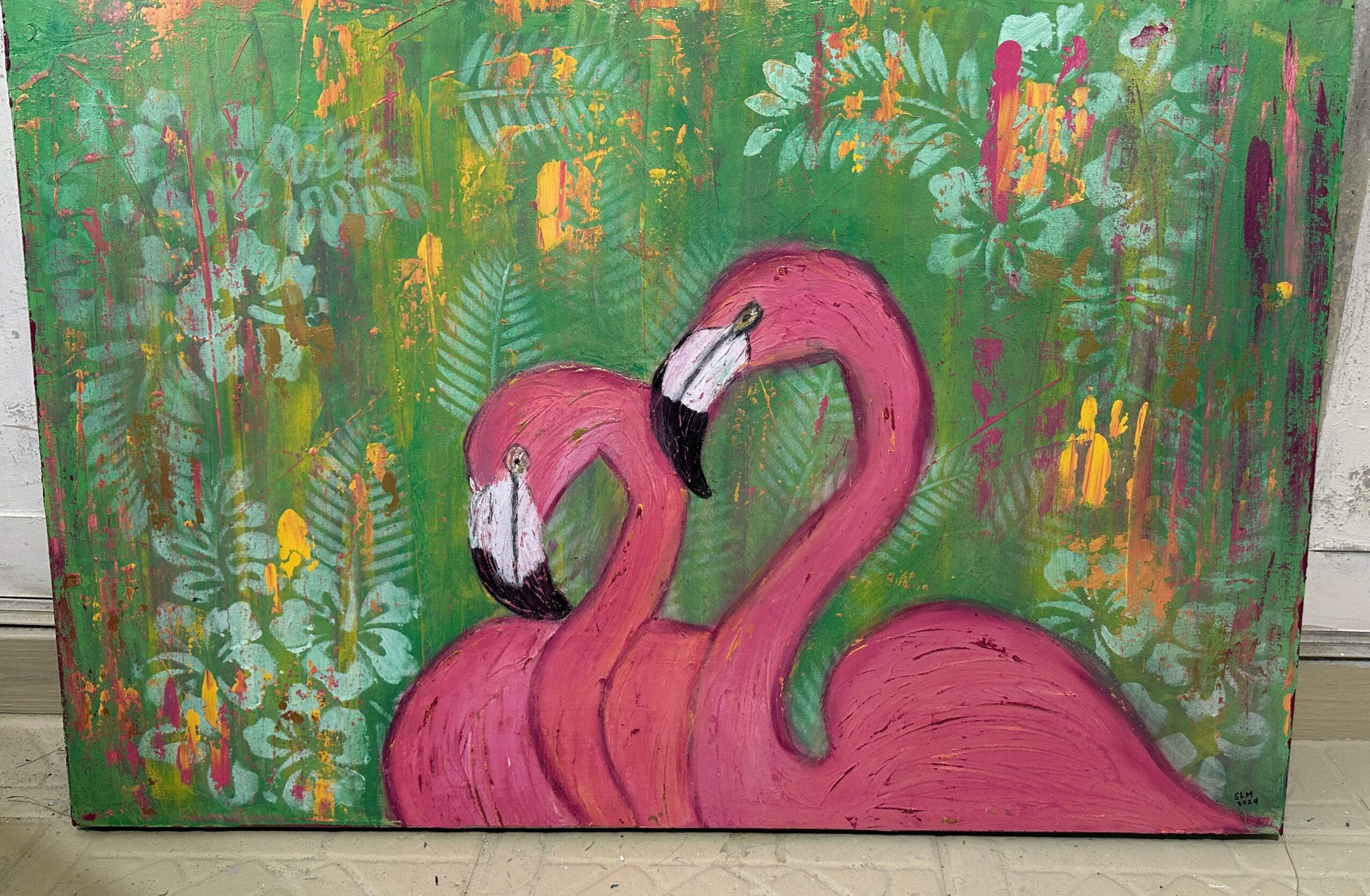 Painting of two pink flamingos with a colorful, abstract background of green, yellow, purple, and orange foliage.