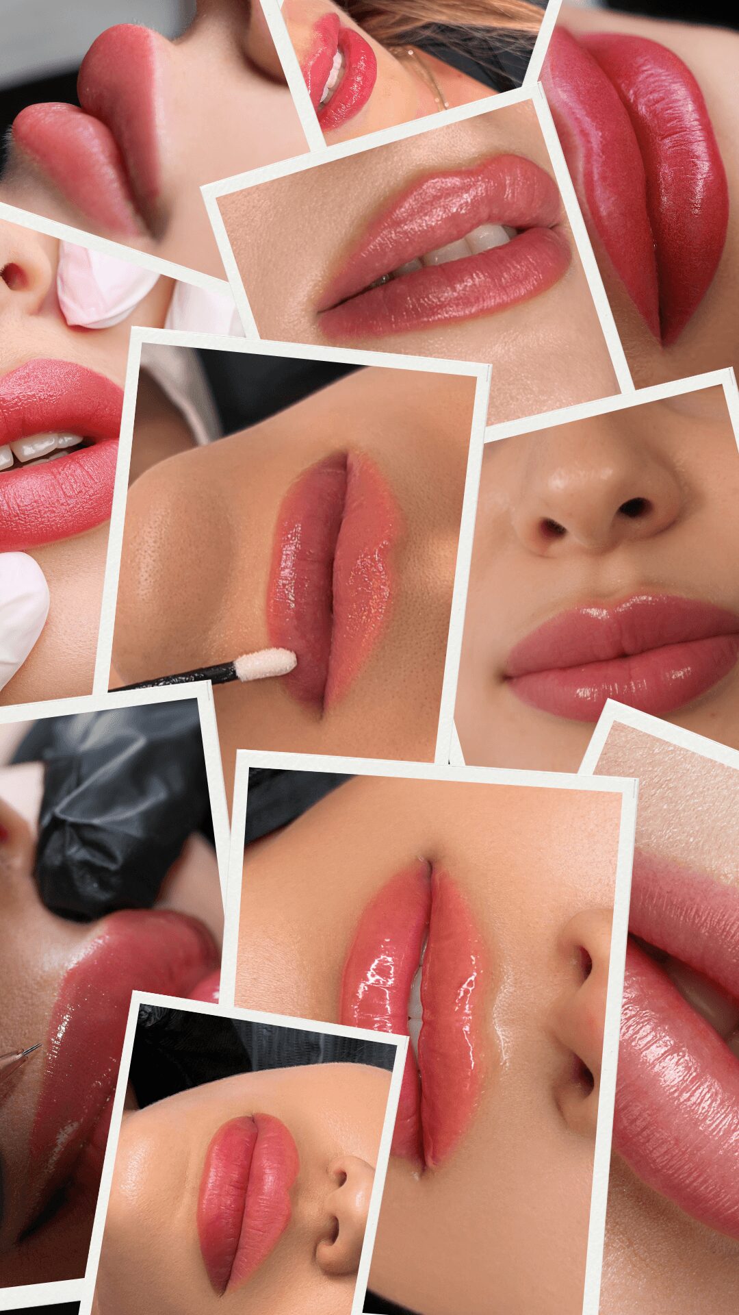 Collage of close-up images of lips with various lipstick shades and lip gloss, showing different angles and expressions.