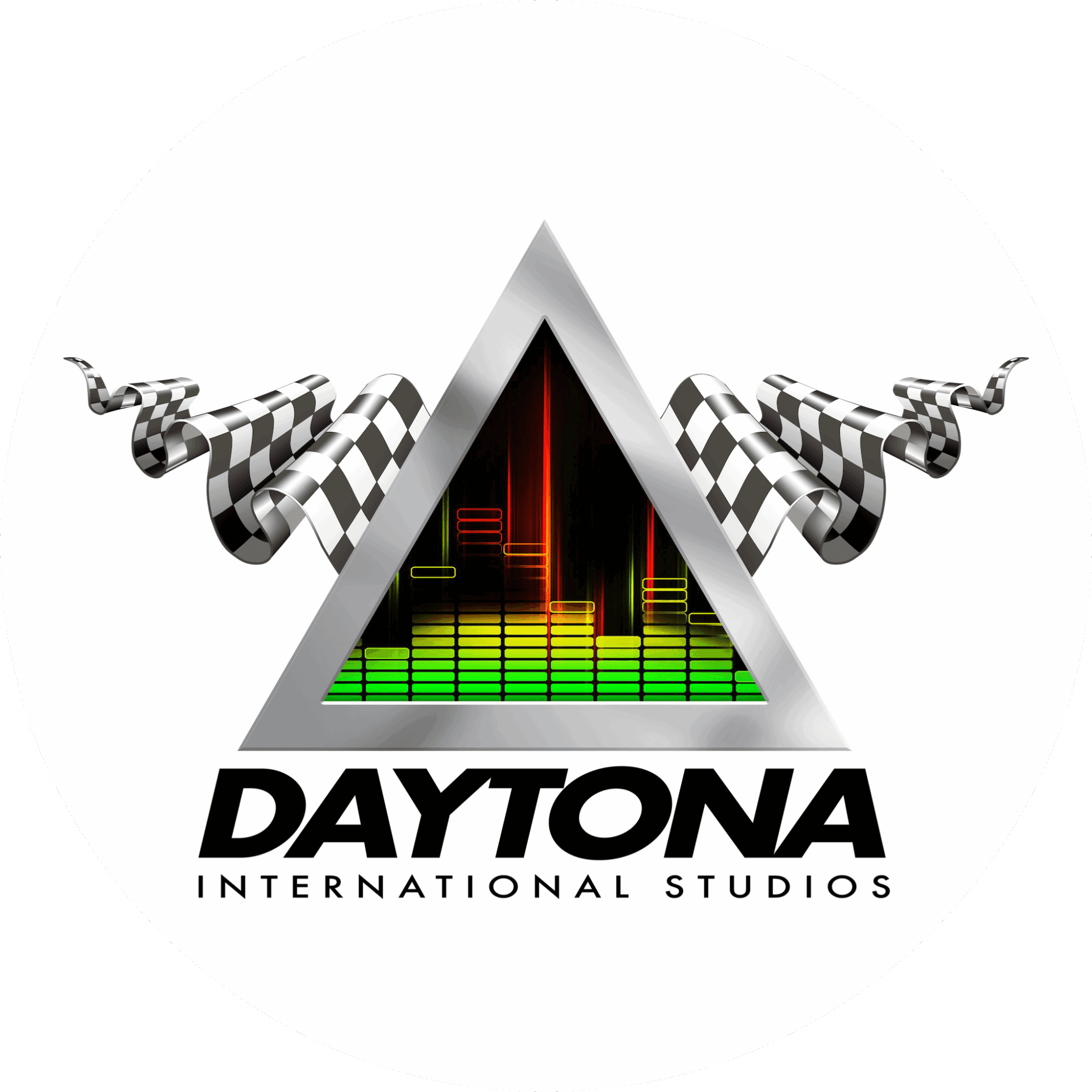 Logo with a triangle, sound wave, checkered flags, and text 'DAYTONA INTERNATIONAL STUDIOS'.