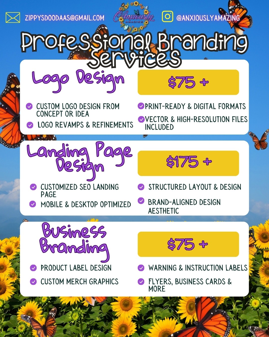 Colorful flyer advertising professional branding services with sunflower background, listing logo design, landing page, and business branding packages.