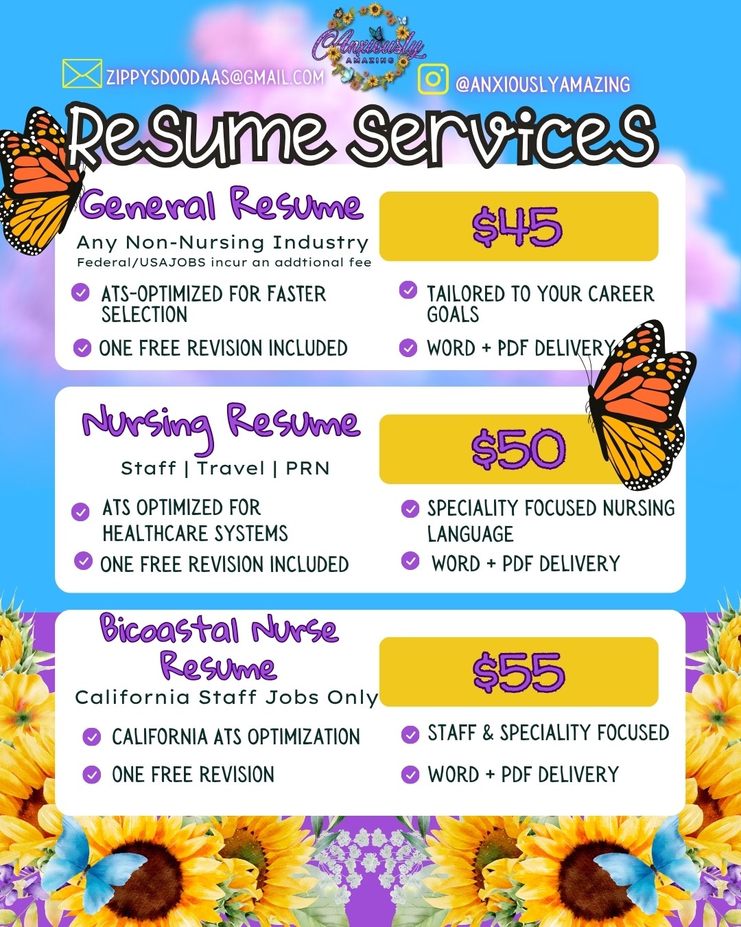 Advertisement for resume services with colorful flowers and butterflies, listing prices for general, nursing, and coastal nurse resumes.