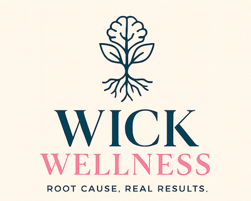 Logo with a tree and roots, text 'WICK WELLNESS' and tagline 'ROOT CAUSE, REAL RESULTS.'
