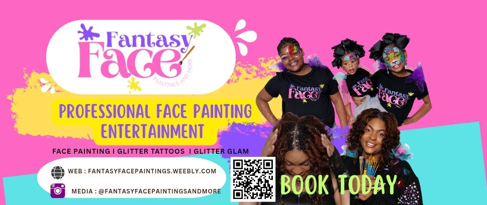 Group of four women with face paint and colorful hair, promoting face painting entertainment, on pink and blue background.
