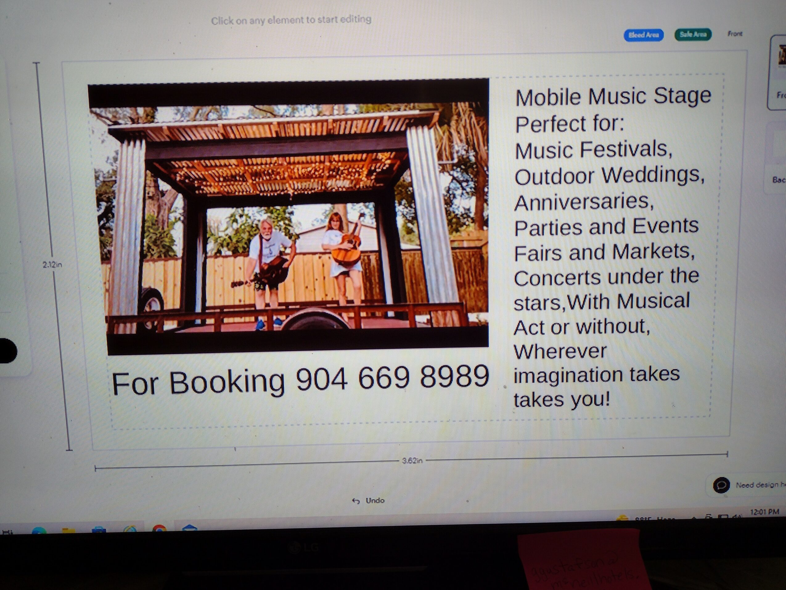 Two musicians perform on a stage with a wooden roof, surrounded by trees, with promotional text on the right side.
