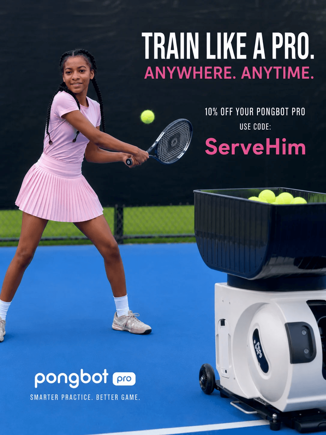 Young girl playing tennis on a court with a robot serving balls, promotional text for pongbot pro, tennis scene.