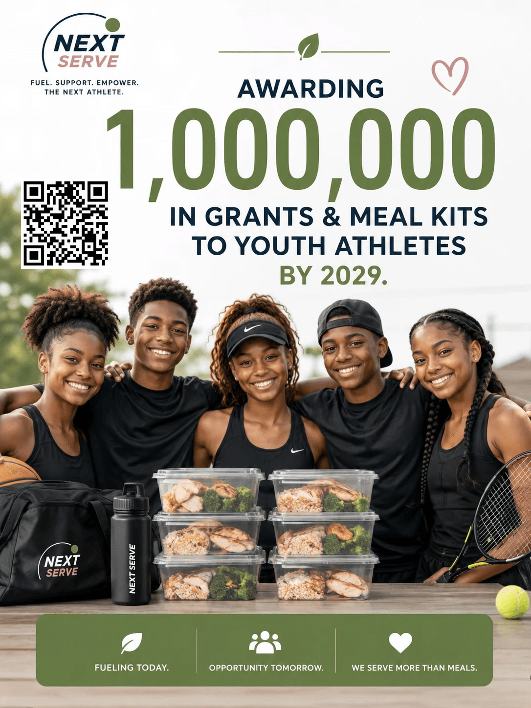 Group of five smiling young athletes with meal kits, awards, and sports equipment, celebrating youth achievement.