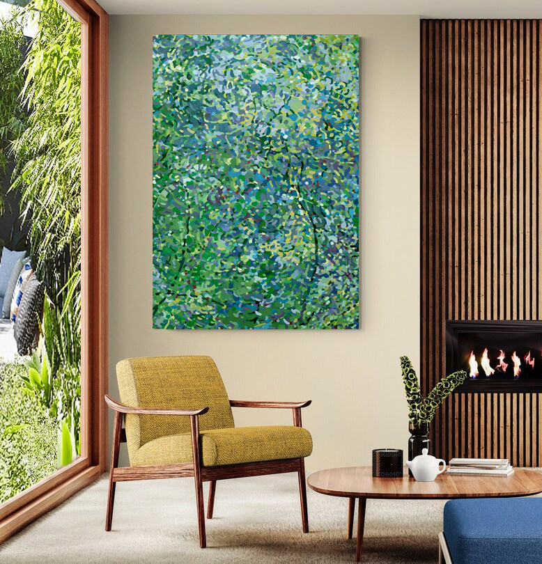 Living room with a yellow armchair, a wooden coffee table, and a large abstract green painting on the wall.