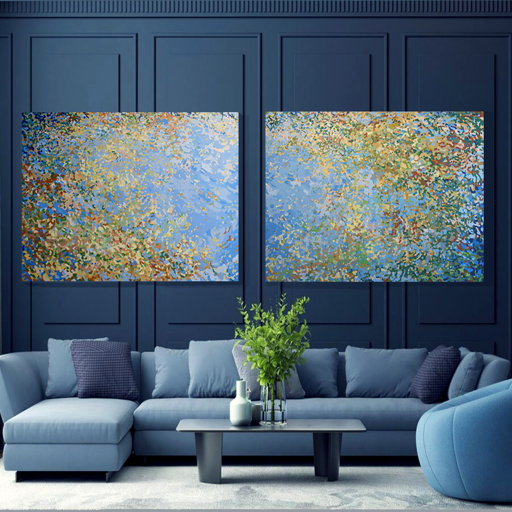 Living room with dark blue wall, two abstract paintings, light blue sofa, and a coffee table with a plant.