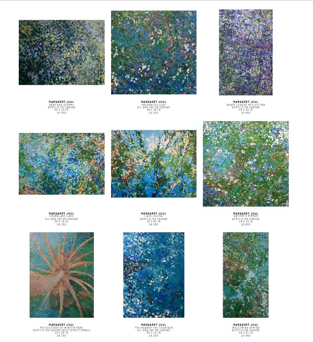 Nine abstract paintings with colorful, textured patterns arranged in a grid, with one featuring a plant-like shape. Each has a caption.