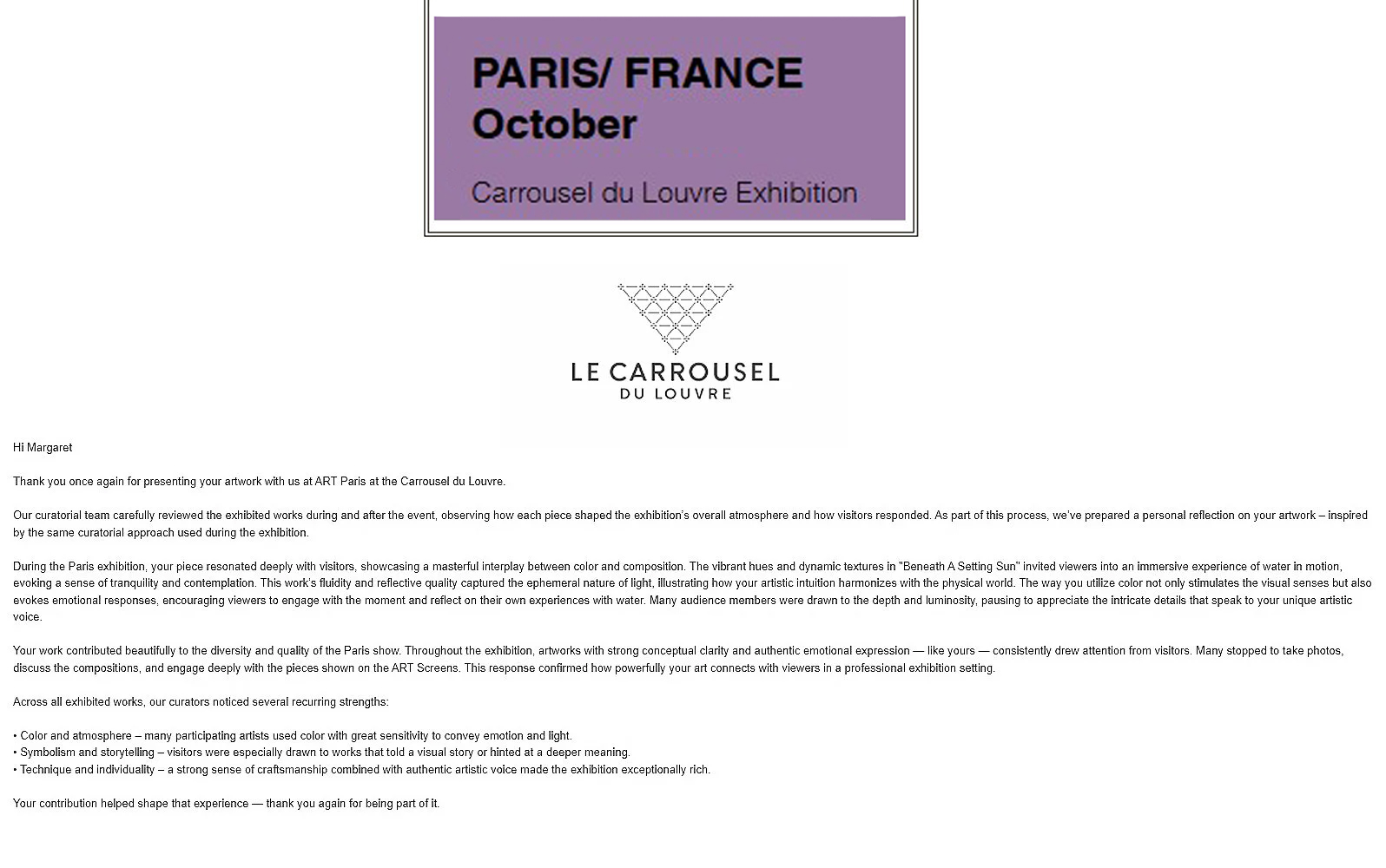 Event poster for Paris France October at Carrousel du Louvre Exhibition, with logo and text details.