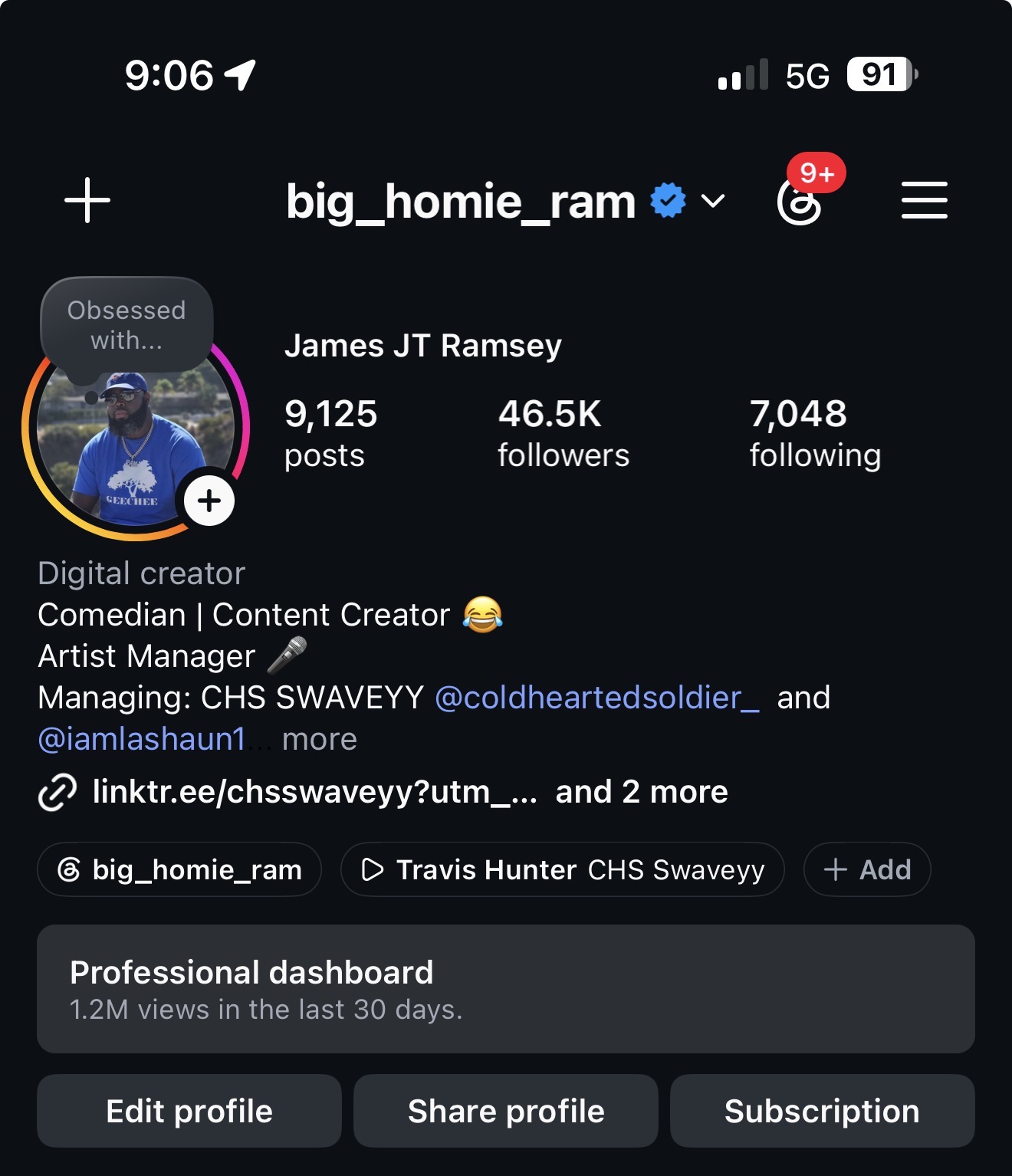 Screenshot of a social media profile page showing a person with a blue background, profile details, and follower statistics.