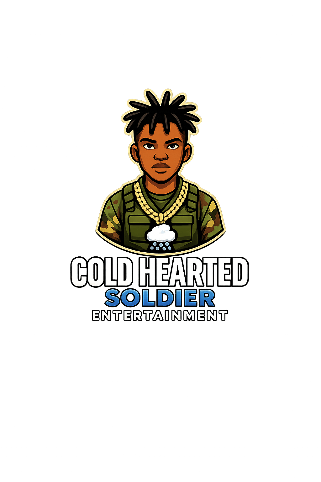 Cartoon soldier with dreadlocks, camouflage uniform, and a cloud icon, with text 'Cold Hearted Soldier Entertainment'.