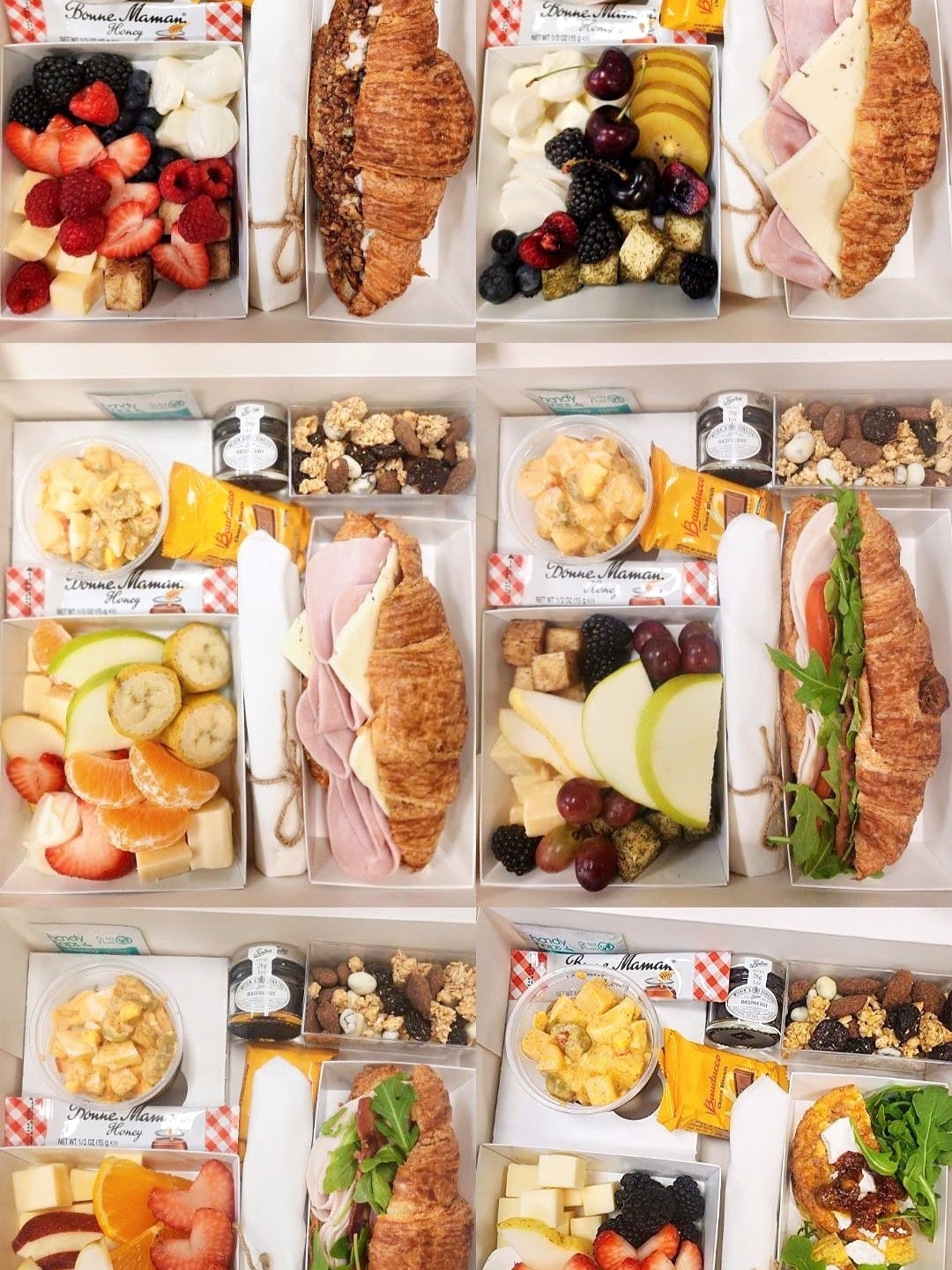 Assorted breakfast sandwiches, fruit, and snacks in boxes with various fillings and toppings, arranged in a grid.
