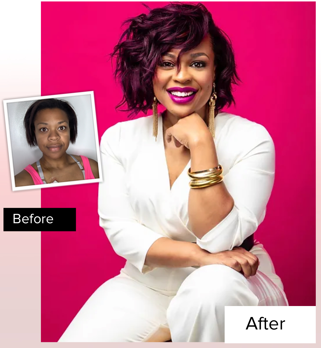 Woman with styled hair, wearing white outfit, smiling against pink background, with a smaller before photo inset, and gold jewelry.