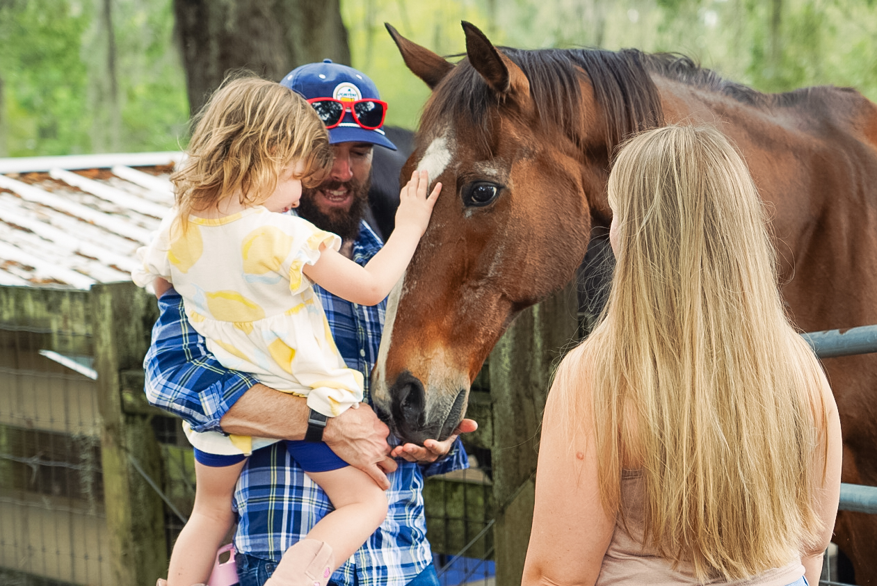 Child touching a horse's face with two adults nearby outdoors, trees and a wooden structure in background.