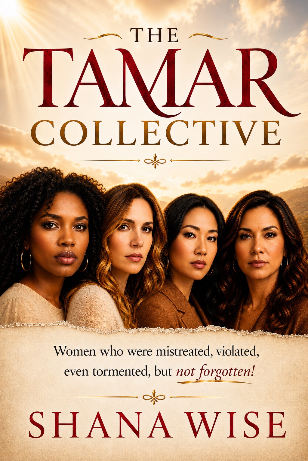 Four women with serious expressions, sky with clouds in background, book title and author name, and a quote about women.