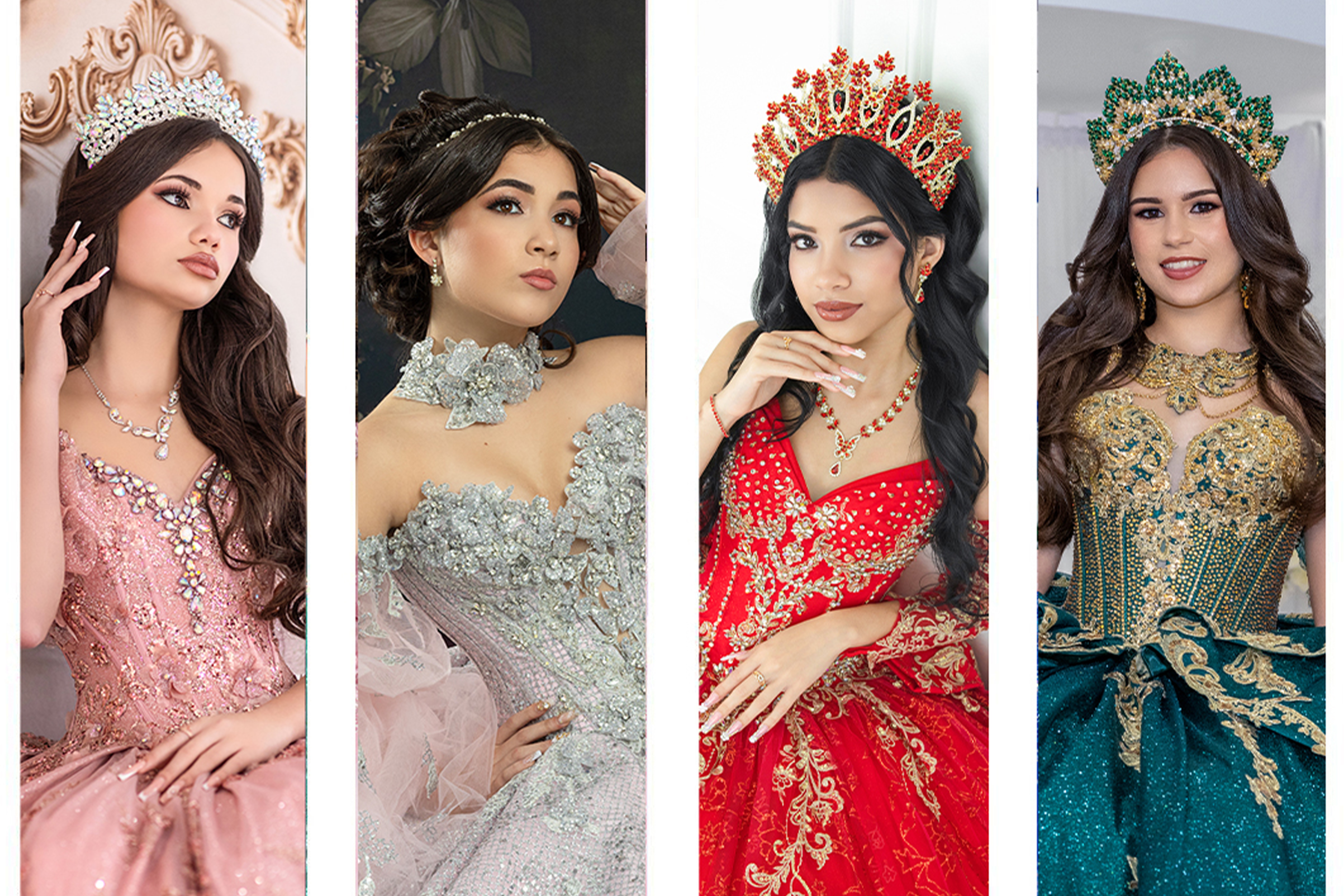 Four women in elaborate dresses and crowns, posing for photos, each with different colored outfits and accessories.