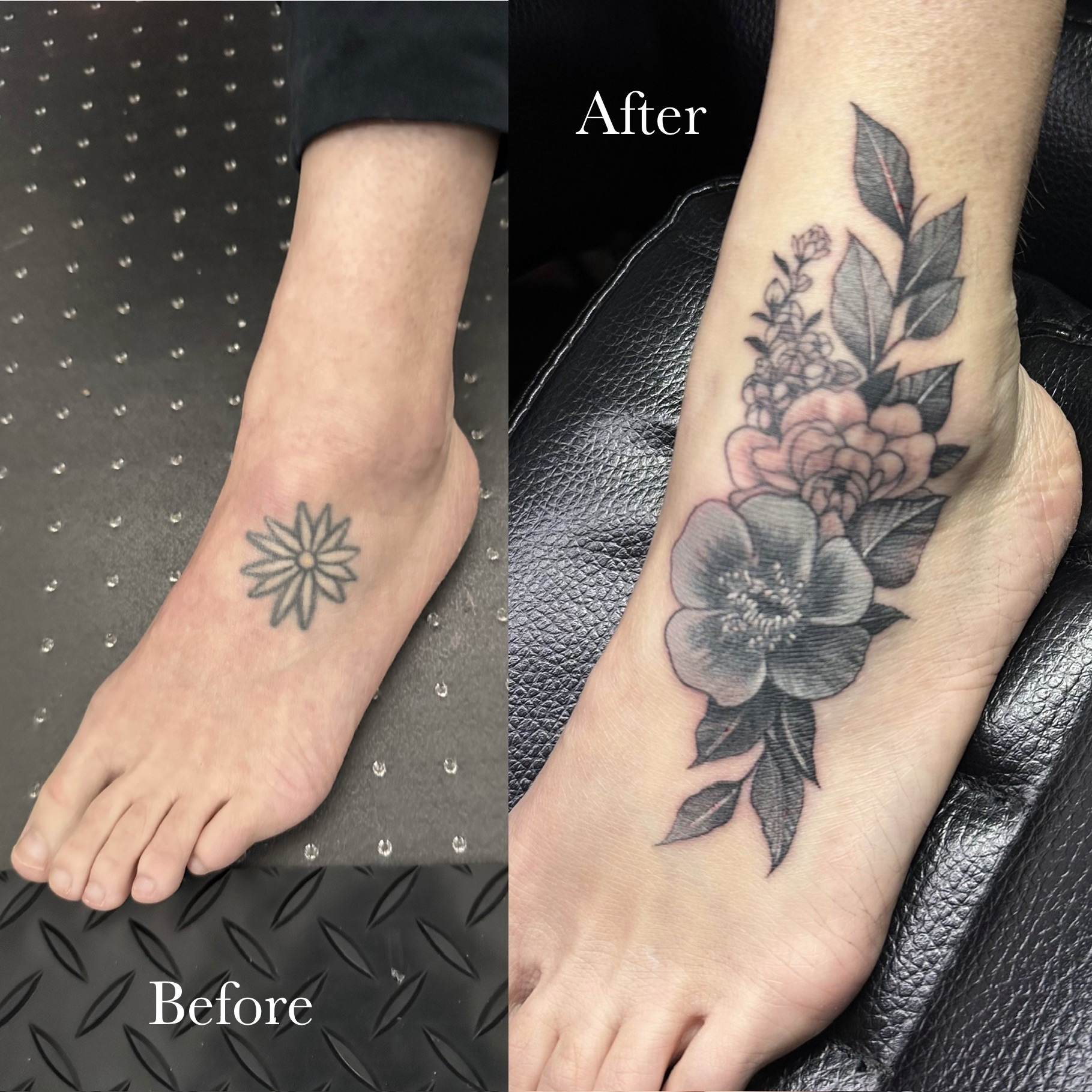 Comparison of a foot tattoo before and after a cover-up, showing a floral design with leaves and flowers.