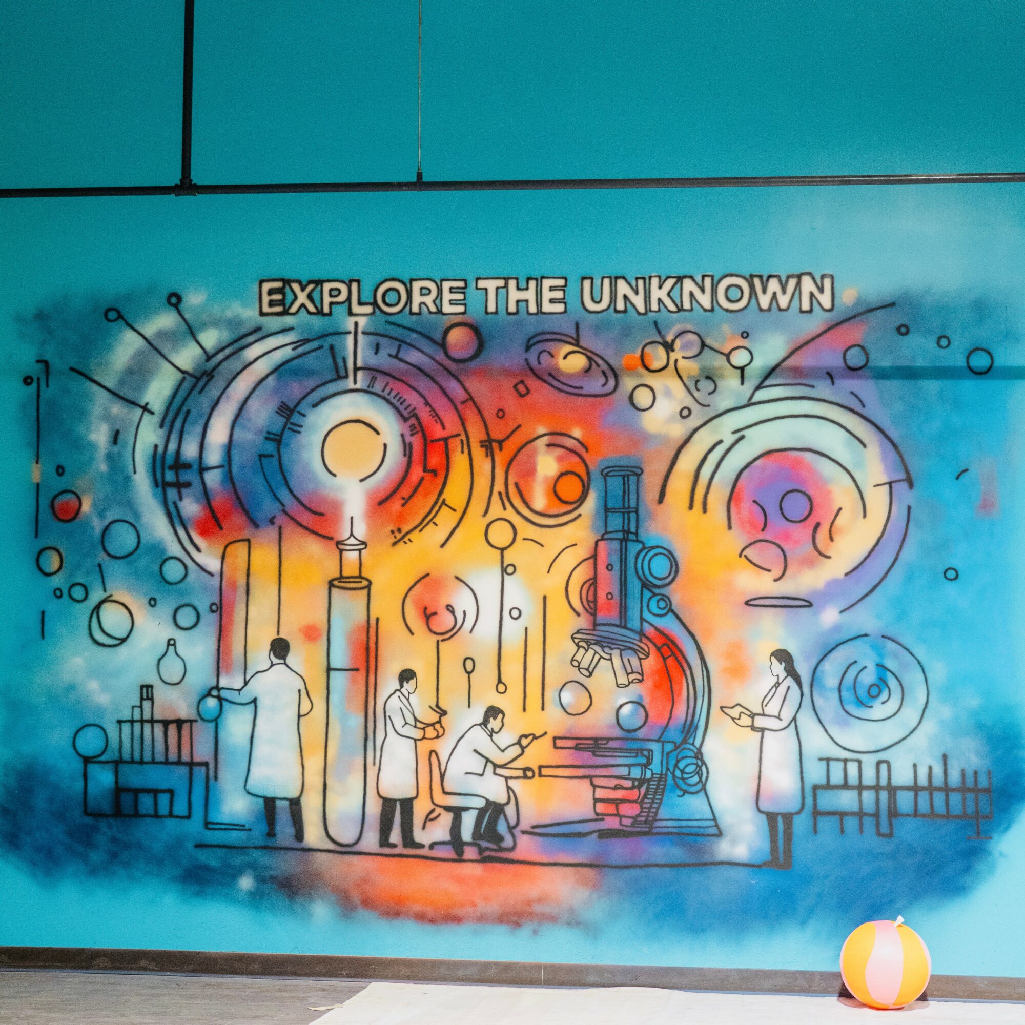 Colorful mural with scientists and a microscope, with the phrase 'Explore the Unknown' above, on a blue background.
