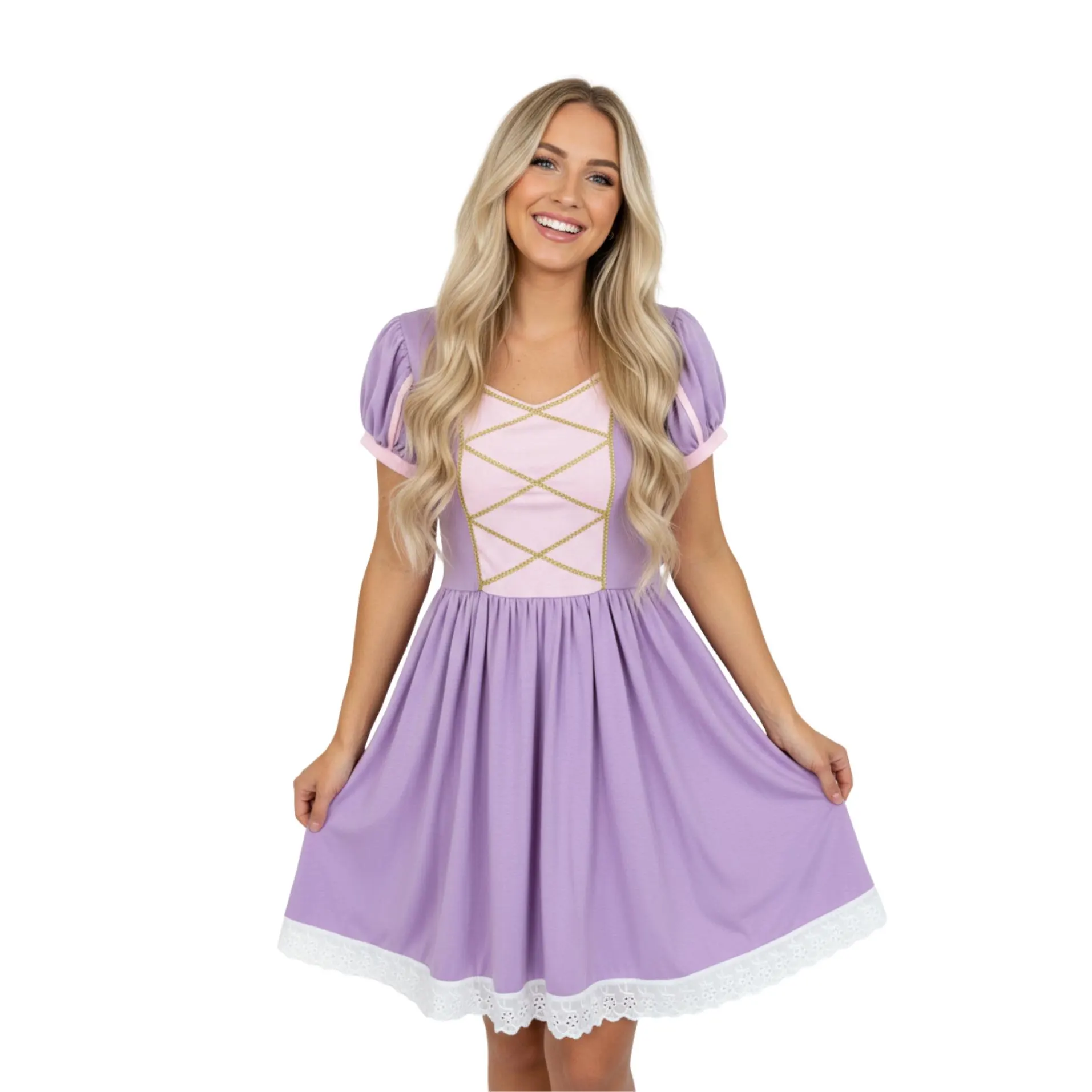 Woman in a purple dress with lace trim, smiling, holding the sides of her dress, long blonde hair, white background.