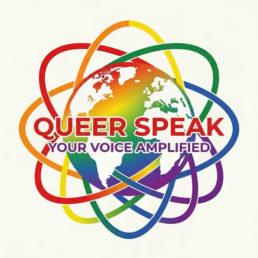 Colorful logo with a globe surrounded by rainbow-colored rings and the text 'Queer Speak' and 'Your Voice Amplified'.