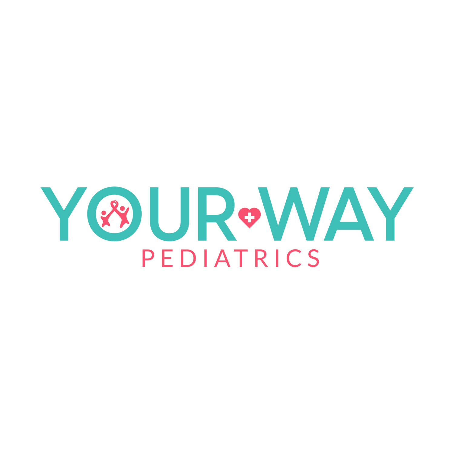 Logo with text 'YOUR WAY PEDIATRICS' and a stethoscope forming a heart shape, in teal and pink colors.