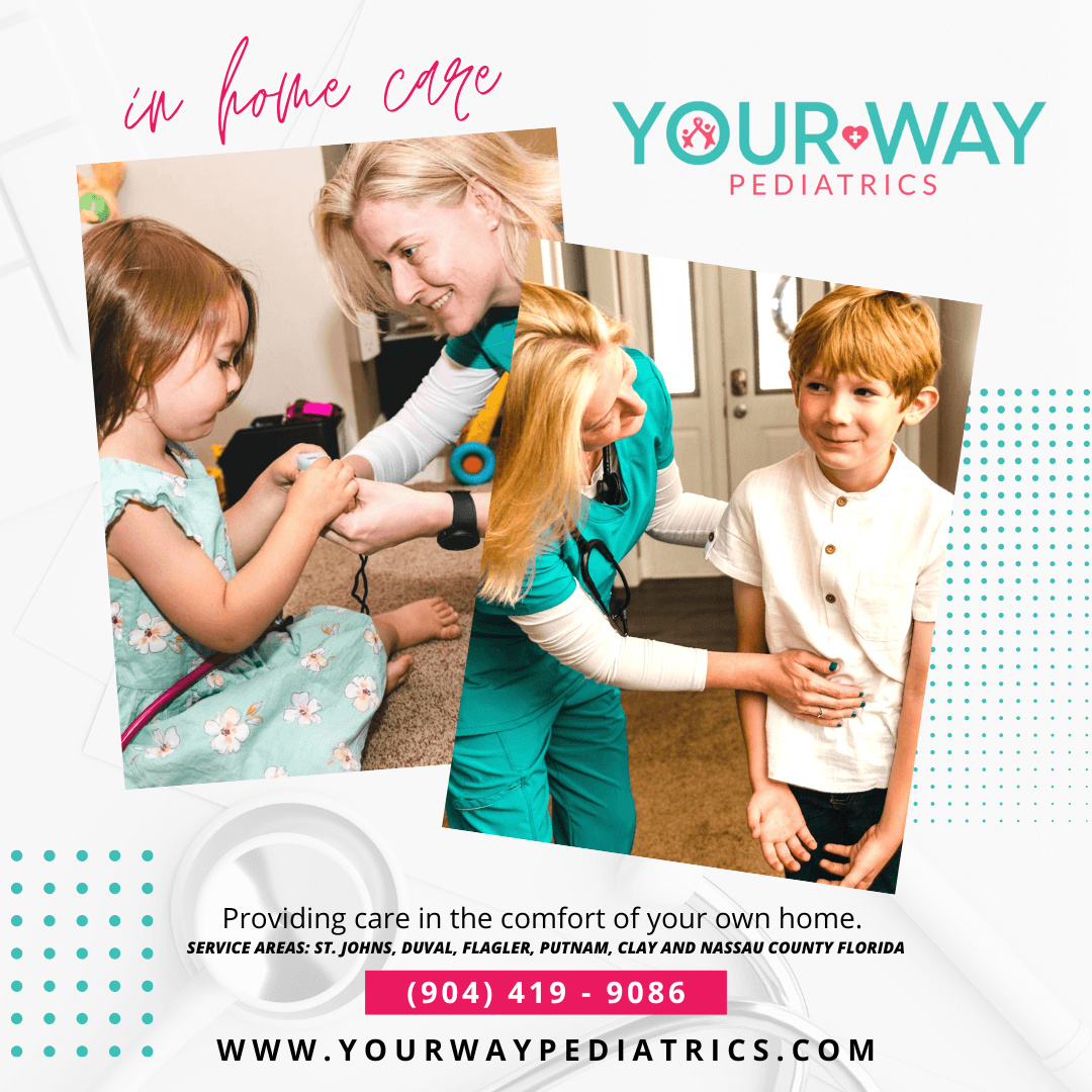 Two children and a healthcare worker in a home setting, smiling and interacting. Bright, friendly scene with medical care. Word: 'in home care'.