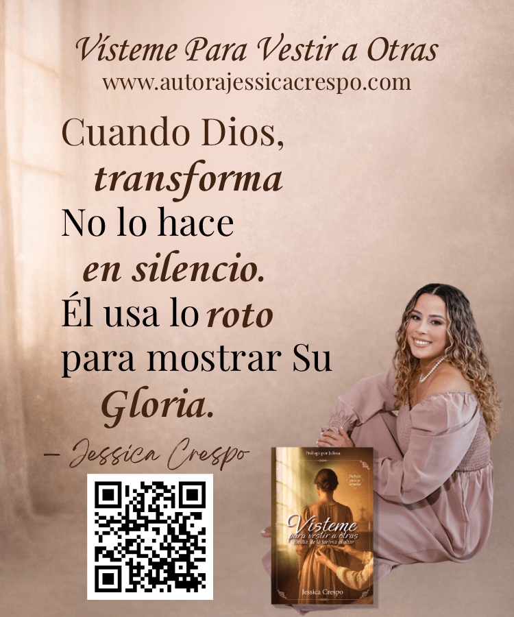 Inspirational quote in Spanish about faith and transformation, with a woman smiling and holding a pink bag, and a book cover at the bottom right.