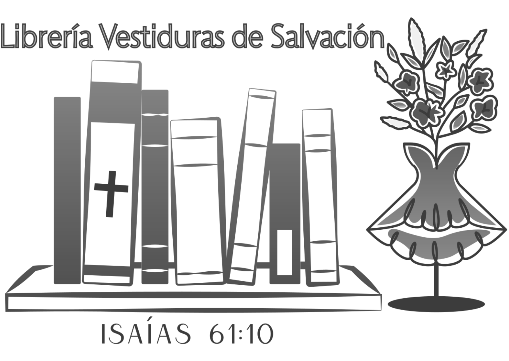Bookshelf with religious books, a cross, and a vase with flowers, with text in Spanish and a Bible verse reference.