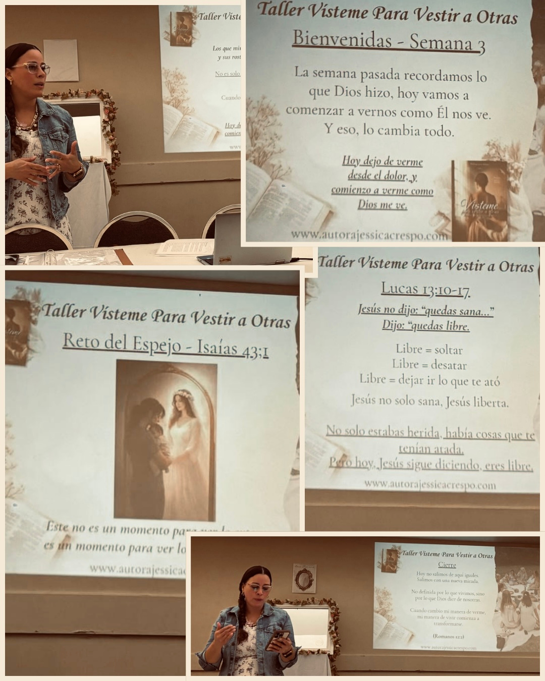 Person taking a photo of a presentation slide with a woman speaking, and various slides with text and images on a screen.