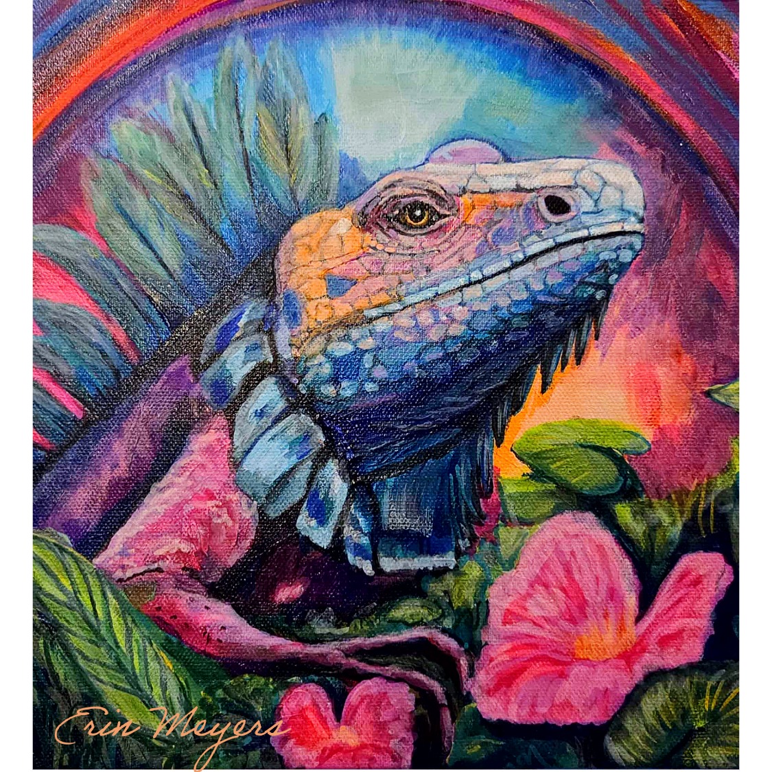 Colorful painting of a dinosaur with a crest, surrounded by pink flowers and green leaves, with a rainbow in the background.