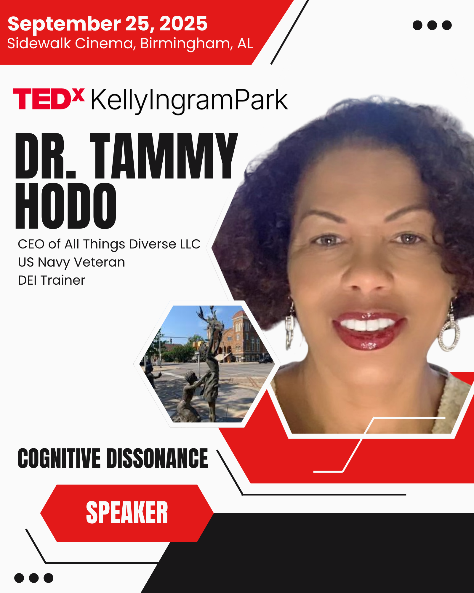 Event poster featuring Dr. Tammy Hodo, speaker at TEDx KellyIngramPark, September 25, 2025, Birmingham, Alabama, with her photo and event details.