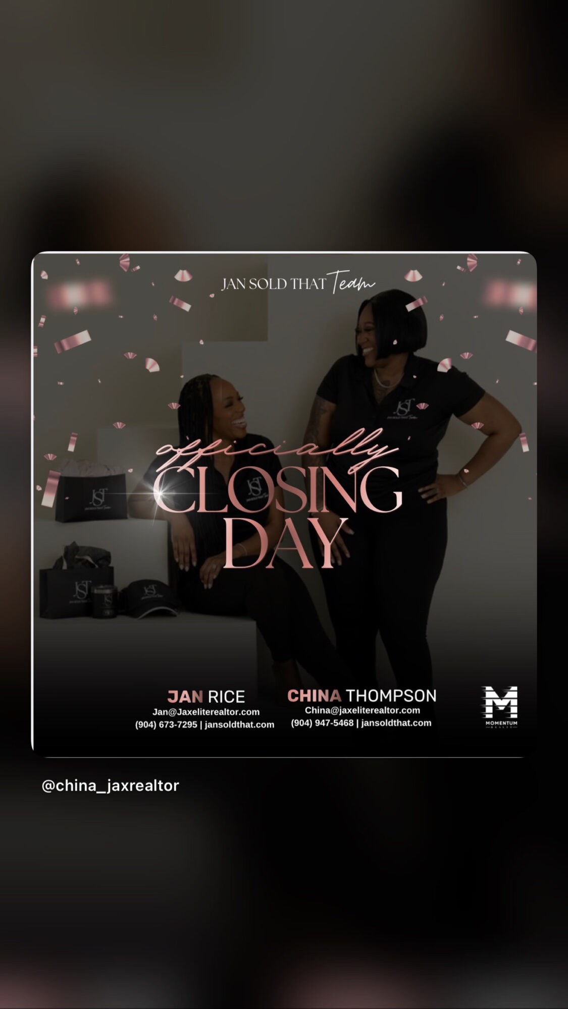 Woman standing with hands on hips, text reads 'Closing Day', background with cars and sparkles.