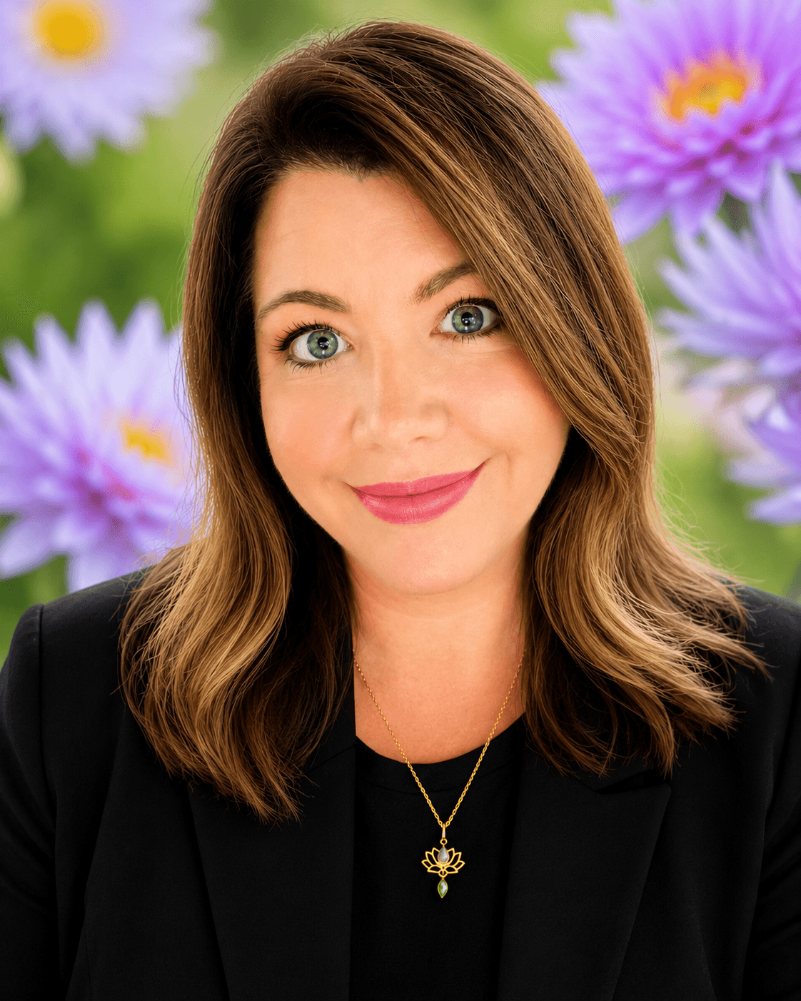 Woman with shoulder-length brown hair and blue eyes smiling, wearing a black blazer and a gold necklace, with purple flowers in the background.